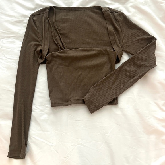 olive green ribbed long sleeve square neck top - Picture 1 of 4